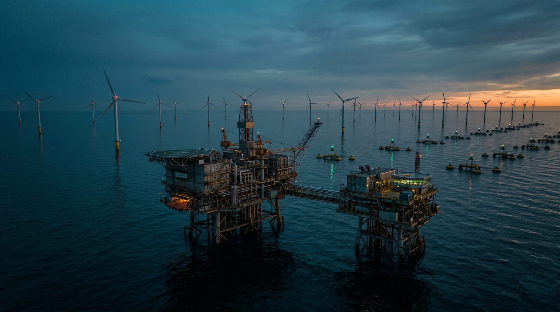 An offshore platform amid wind turbines and wave-energy buoys at dusk